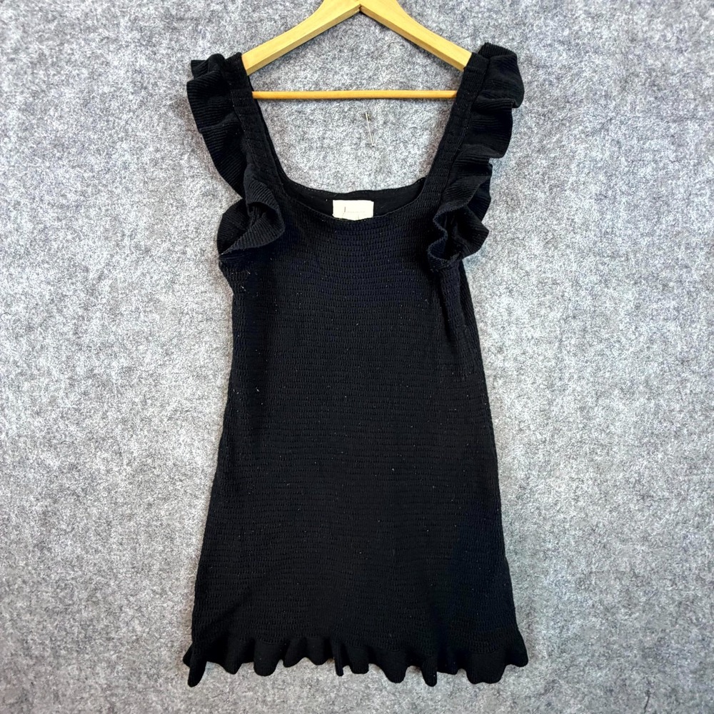 Anthropologie Mini Dress Womens Medium Black Ruffle Square Neck Boho Knit